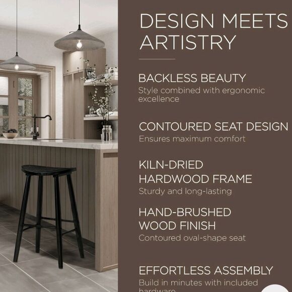 Maven Lane Luna Bar Stool In Rustic  Black Wood Finish - Picture 6 of 13